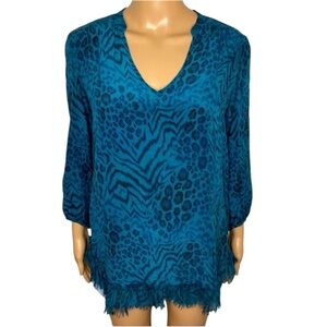 Rebecca Taylor 100% Silk 3/4 Sleeve Blue Animal Print V-Neck Blouse